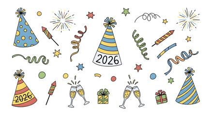 New Year 2026 Party Elements Doodle Set celebration