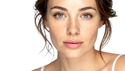 Close-up of a woman's face, showcasing soft skin and natural features against a black background