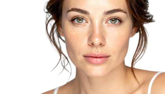 Close-up of a woman's face, showcasing soft skin and natural features against a black background