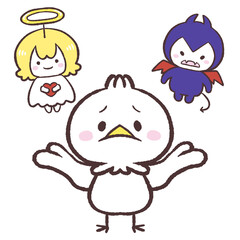 天使と悪魔どちらにするか考える白い鳥のイラスト