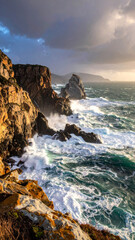 Obraz premium Breathtaking rocky cliffs rise above crashing ocean waves, showcasing nature fierce beauty