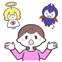 天使と悪魔どちらにするか考える女性のイラスト