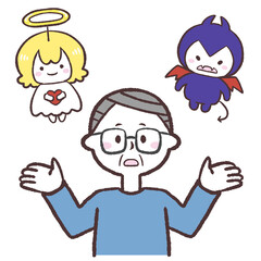 天使と悪魔どちらにするか考えるシニア男性のイラスト
