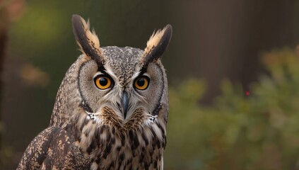 Close-up of a long-eared owl against a blurred green and brown backdrop