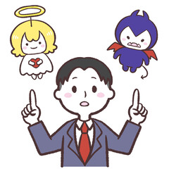 天使と悪魔どちらにするか考える男の子のイラスト