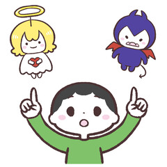 天使と悪魔どっちにするか考える男の子のイラスト
