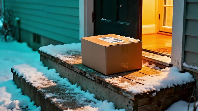 Delivery person in winter attire places a cardboard package on snowy doorstep, illuminated by warm light from the house, showcasing the delivery process with a smooth camera pan