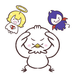 悪魔と天使の言葉に耳を塞ぐ白い鳥のイラスト