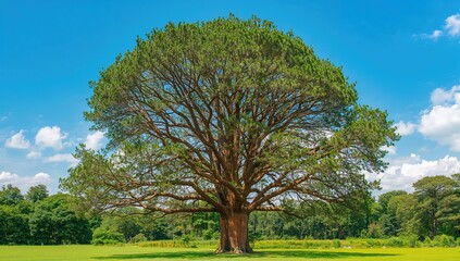 Fototapeta premium Looking up the trunk of a tall red cedar tree towards the sky filled with blue and green foliage.