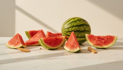 Summer vibes with watermelon pieces on a white marble surface