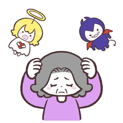 悪魔と天使の言葉に頭を抱えるシニア女性のイラスト