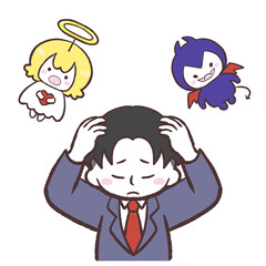 悪魔と天使の言葉に頭を抱える男の子のイラスト