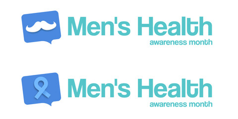 November Mens Health awareness month wide text banner with blue ribbon and moustache icon. Blue November is prostate cancer awareness month. November mens health month logo