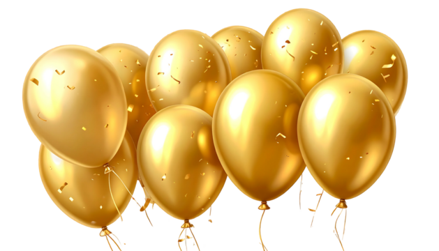 Golden balloons floating in air with confetti, a celebration or party vibe