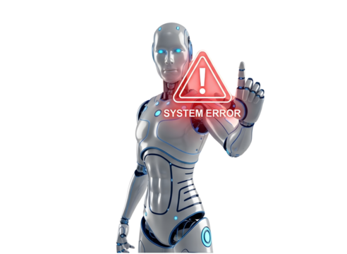 Robot holding a red warning sign isolated on transparent background