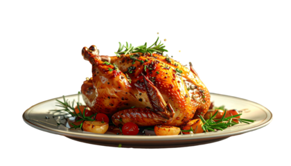 Golden brown roast chicken garnished with herbs and roasted tomatoes, served on a simple white plate against black