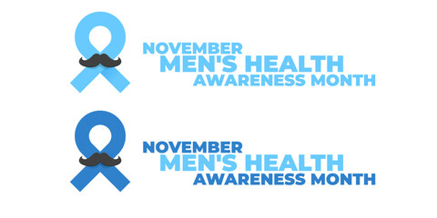 Obraz premium November Mens Health awareness month wide text banner with blue ribbon and moustache icon. Blue November is prostate cancer awareness month. November mens health month logo