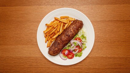 Grilled chicken served with salad and fries on a white dish against a rustic wooden backdrop. Space available for branding or message.