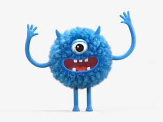 Fluffy, cute monster with raised arms, symbolizing excitement or victory. 3D rendering, conceptual image. Isolated on white background.
