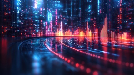 Futuristic city, digital data streams, glowing lines, curves