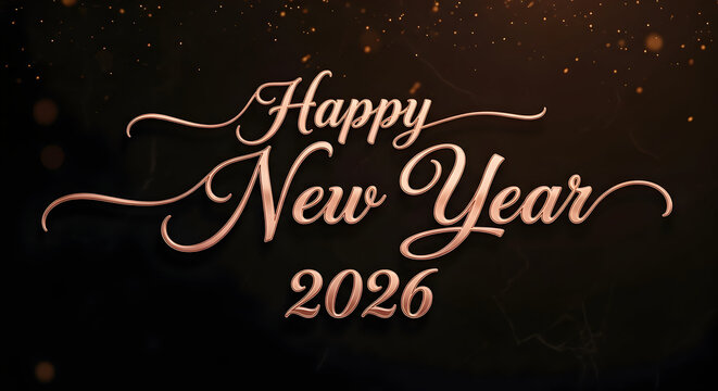 Happy New Year 2026 elegant rose gold script with sparkles