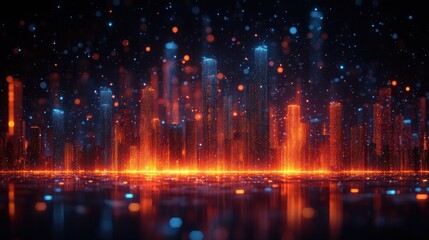 Fototapeta premium Futuristic city skyline, glowing orange and blue, particle effects