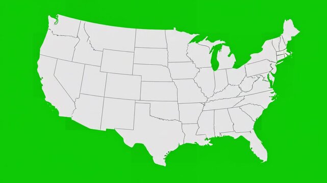 USA Map Animation with of united states america showing different animated contiguous lower 48 u s state on an isolated chroma key background distortion, green screen overlay, glitch, static noise