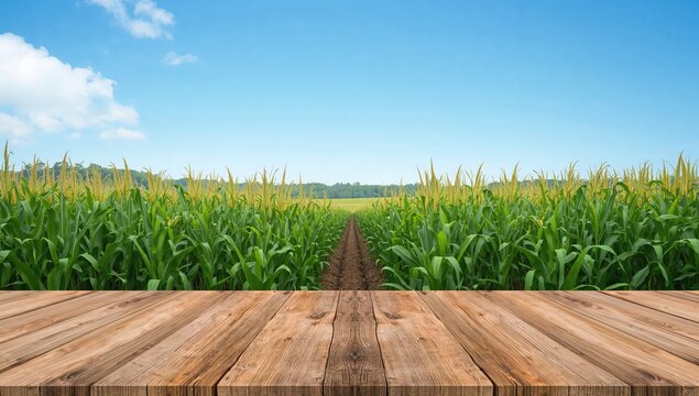 Wooden table beside a sweet corn plantation in a rural setting. 3D rendering with ample space for messages and logos.