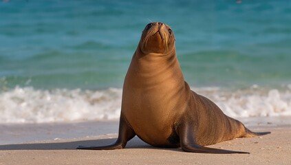 A marine mammal resting on the beach, looking up inquisitively