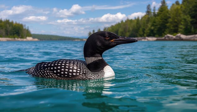 A stunning loon gliding over a serene lake