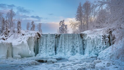 Frozen waterfall adorned with ice and snow during winter season