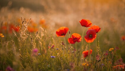 Obraz premium Beautiful Scarlet Poppies Bathed in Evening Light