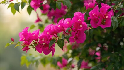 Obraz premium Vibrant pink Bougainvillea blossoms with lush foliage backdrop, summer bloom, natural beauty, floral garden scene