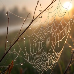 Spiderweb with Dew Drops on Branches Reflecting Sunrise or Sunset Light in a Meadow