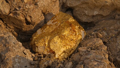 A golden-hued mineral with a coarse texture against a rocky background in a challenging landscape.
