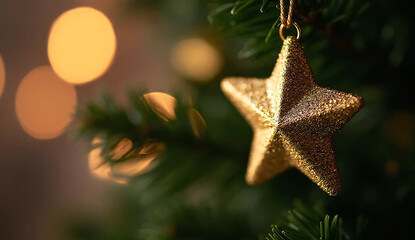 Close up of golden star ornament hanging on Christmas tree with bokeh background