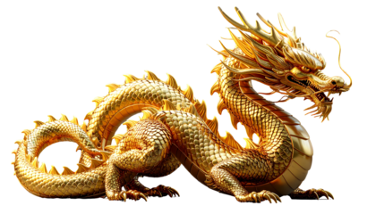 Golden dragon statuette with intricate scales, curling form, flowing mane, poised on a black background
