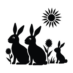 Rabbit Family in Spring Meadow Wildlife Silhouette