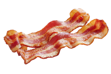 Two strips of crispy cooked bacon with red and white layers on black food meat, Isolated On Transparent Background, Png Cut Out