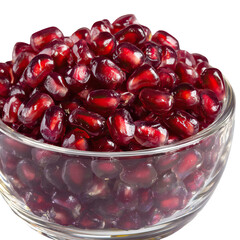 Pomegranate seeds in clear glass bowl sparkling jewel look on transparent background