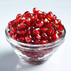 Pomegranate seeds in clear glass bowl sparkling jewel look on transparent background