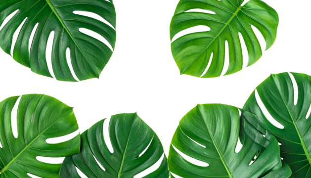 Lush, green Monstera leaves on stark black, forming a frame-like structure at the top and bottom of the image
