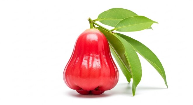 One fresh red rose apple with green leaves isolated on white background, tropical exotic fruit with shiny surface.