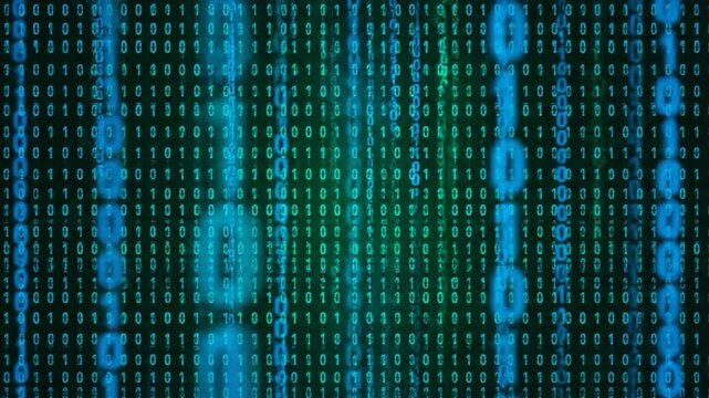 Abstract digital background with glowing blue and green binary code streaming downwards, representing data