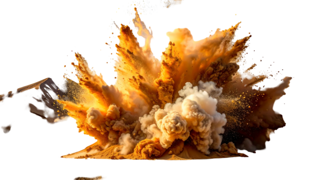 Golden explosion of dust and debris against a black background, creating a dynamic and dramatic scene