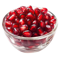 Pomegranate seeds in clear glass bowl sparkling jewel look on transparent background