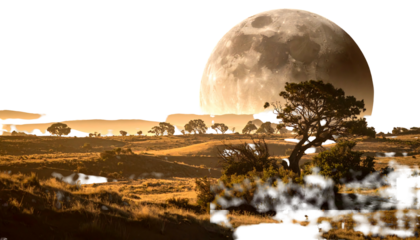Golden field landscape with scattered trees beneath a massive moon in a dark sky