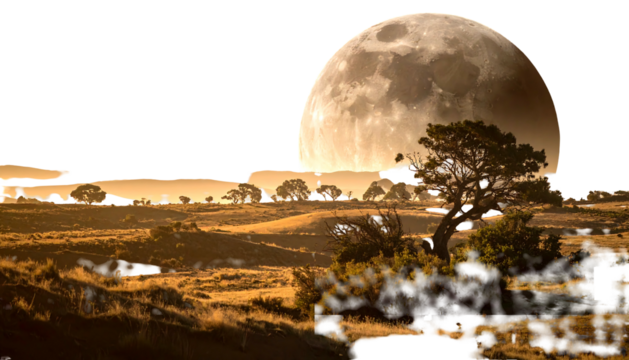 Golden field landscape with scattered trees beneath a massive moon in a dark sky