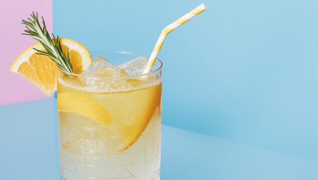 Refreshing citrus lemonade with rosemary garnish and ice, served with a straw against a vibrant pastel backdrop. Summer beverage idea for parties and celebrations.