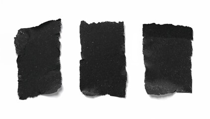 Three strips of ripped black paper serving as text boxes on a white backdrop with clipping path